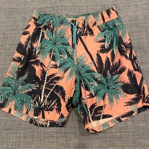 Maamgic Mens Swim Trunks Small Tropical Palm Tree Peach Teal Zipper Pockets